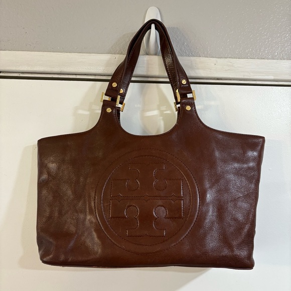 Tory Burch Bombe Large Logo Leather Tote Espresso Brown Chocolate Mocha Vintage - Picture 1 of 15